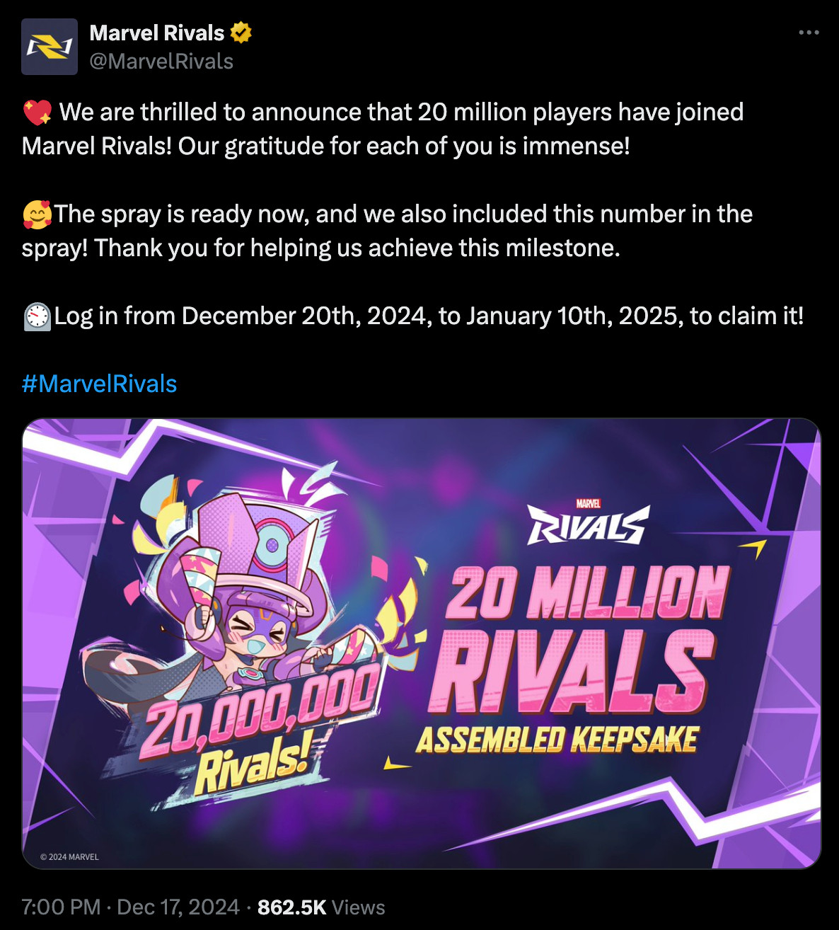 Marvel Rivals 20M user announcement